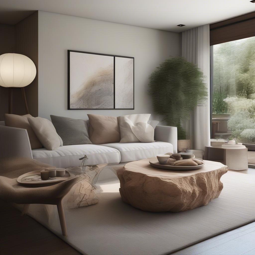Cách bài trí bàn đá gỗ phòng khách hài hòa với sofa và thảm trải sàn, tạo không gian ấm cúng và sang trọng.