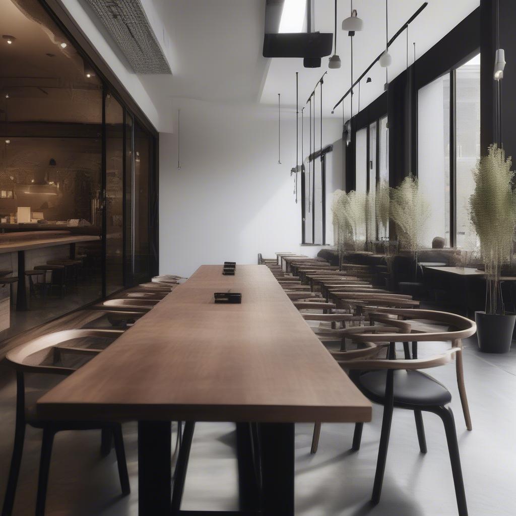 Bàn cafe gỗ dài trong không gian hiện đại
