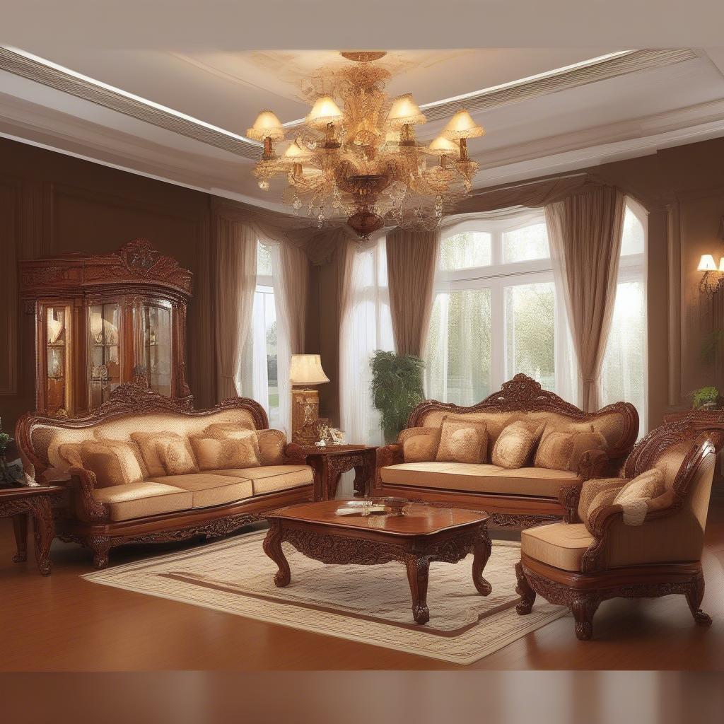 Bộ bàn ghế gỗ vàng tâm sang trọng trong phòng khách