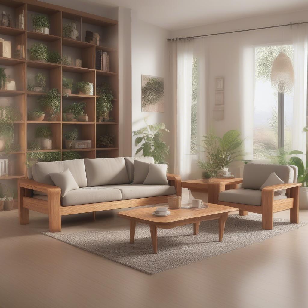 Bộ bàn ghế sofa gỗ tự nhiên sang trọng trong phòng khách