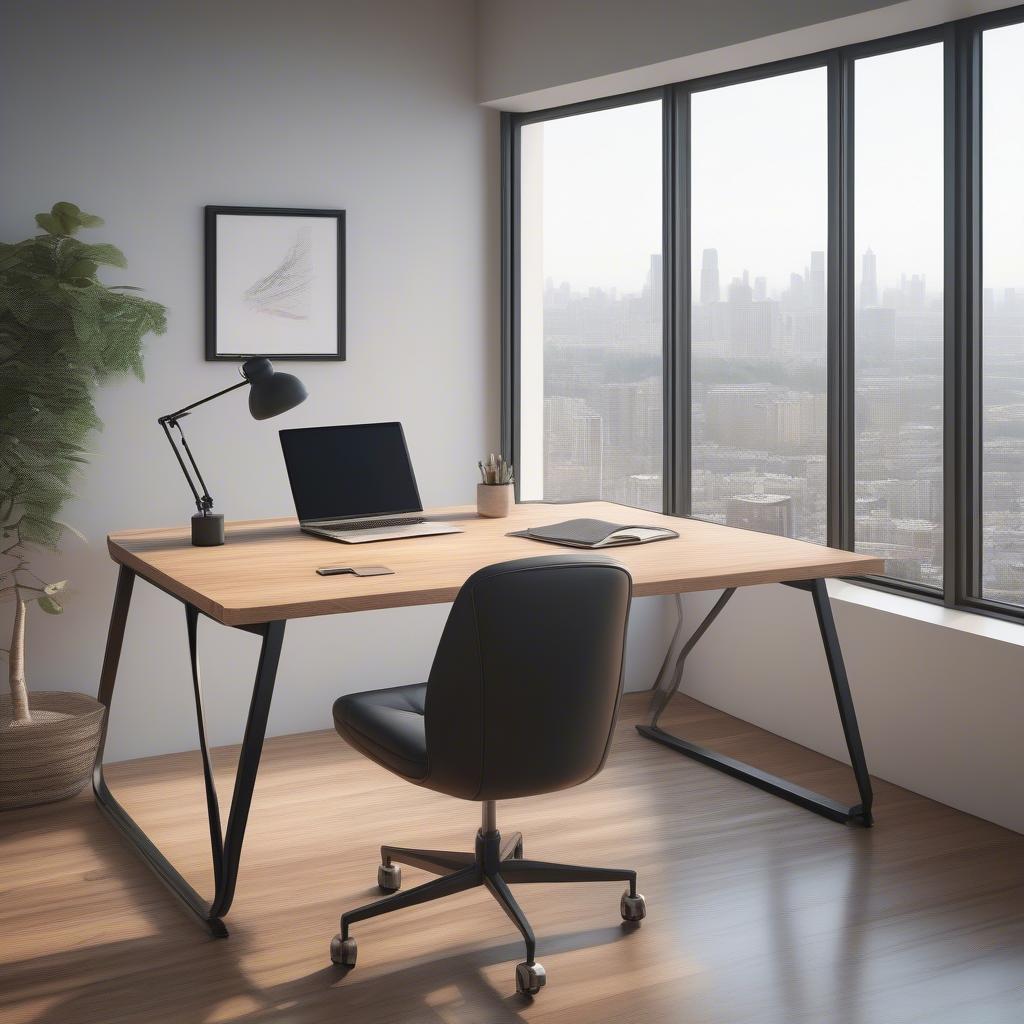 Modern long wooden desk with iron legs