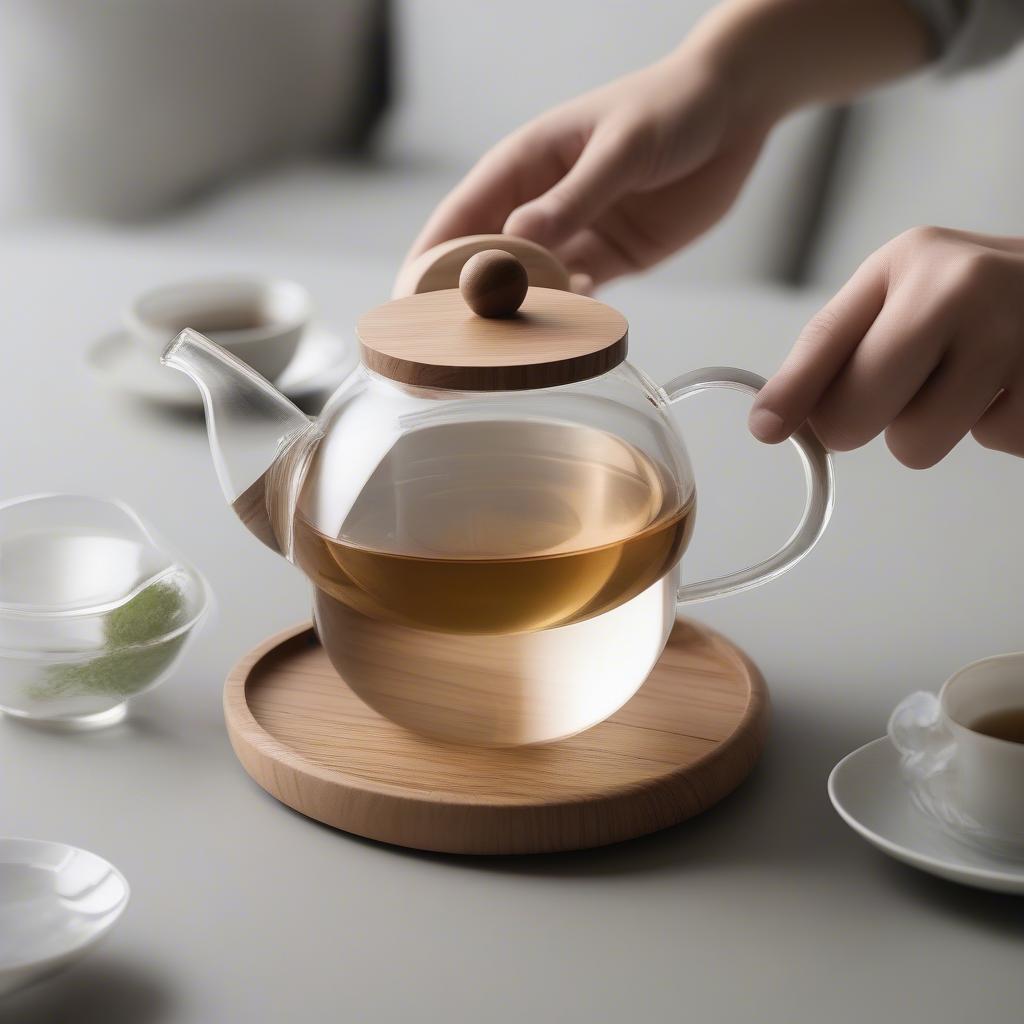 Bộ Bình Trà Nắp Gỗ Thủy Tinh Kiểu Dáng Hiện Đại