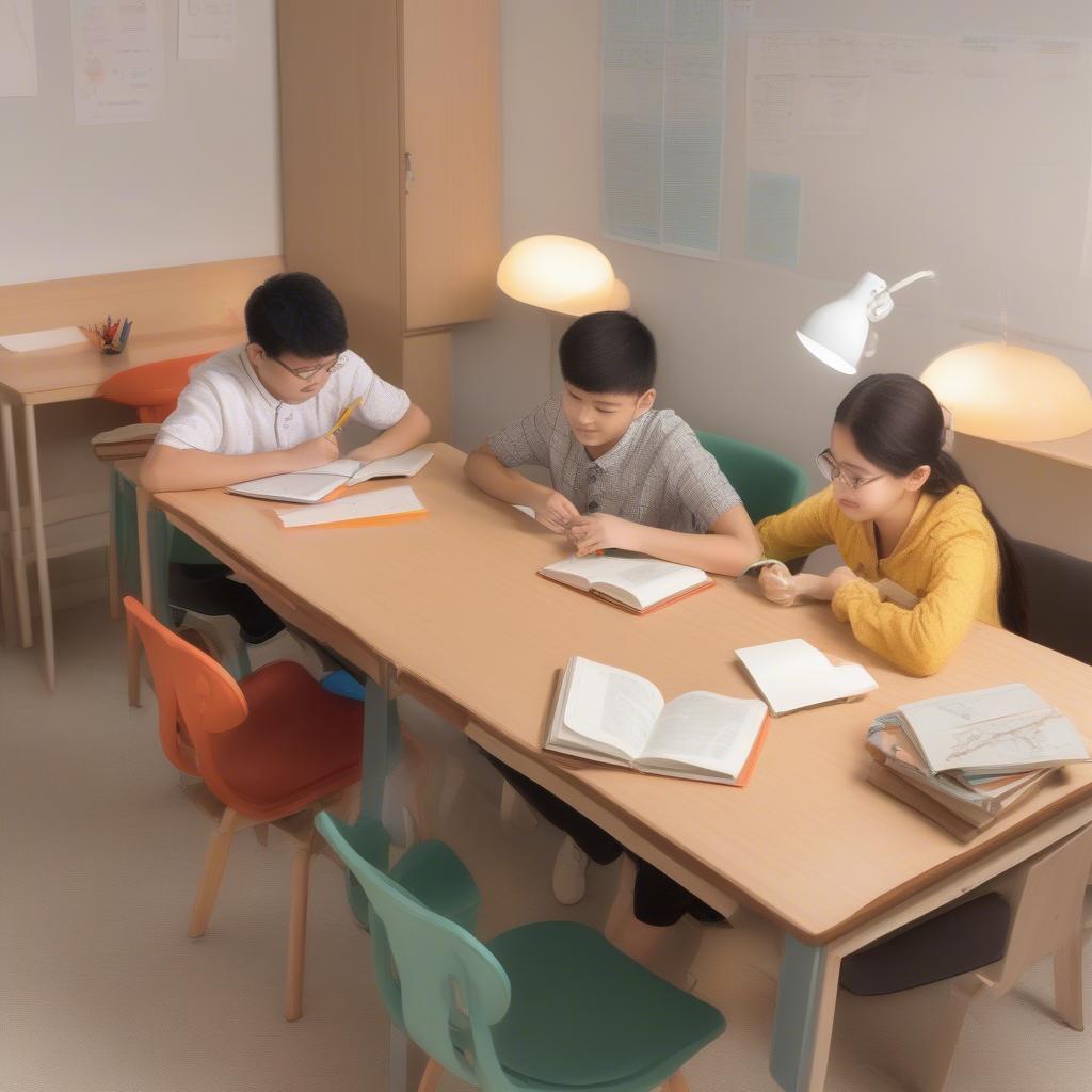 Không gian học tập với bộ bàn ghế học sinh gỗ sao