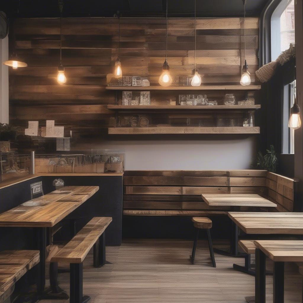 Quán cafe với bàn ghế gỗ pallet khò lửa