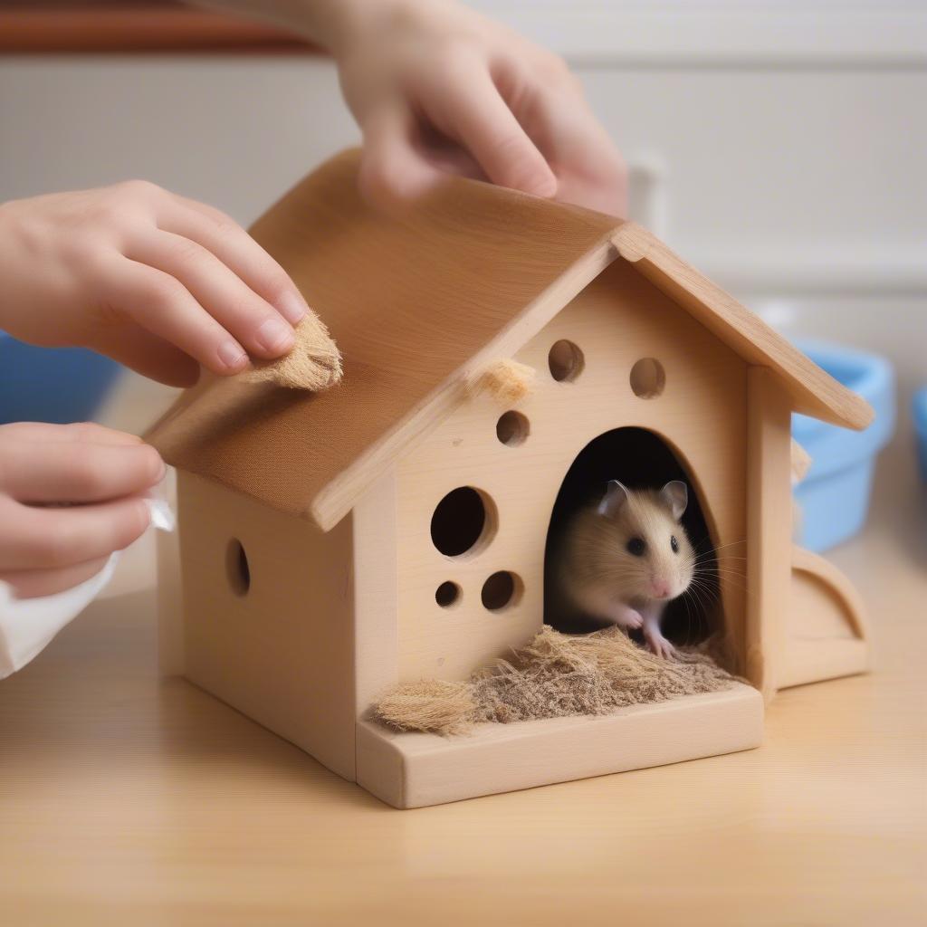 Vệ sinh nhà gỗ cho hamster