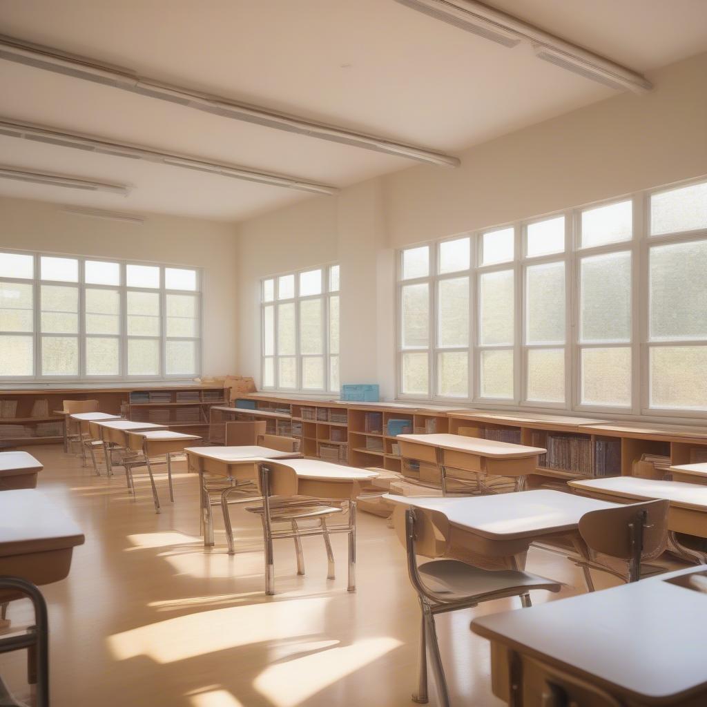 Bàn ghế gỗ học sinh dài trong không gian học tập