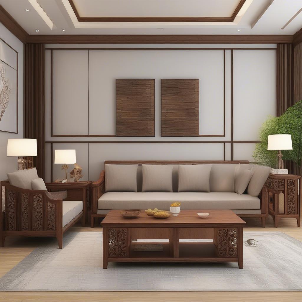 Bàn ghế sofa gỗ phòng khách hiện đại với thiết kế tinh tế, đường nét sắc sảo, chất liệu gỗ óc chó cao cấp, mang đến không gian sang trọng và đẳng cấp.