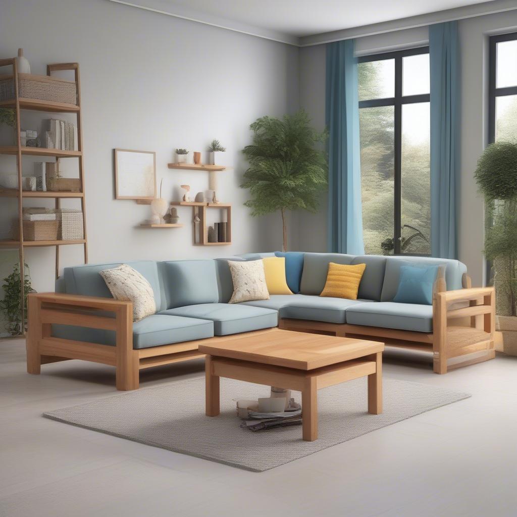 Bộ bàn ghế sofa gỗ nhỏ gọn, kiểu dáng hiện đại, màu sắc tươi sáng, phù hợp với không gian phòng khách nhỏ, giúp tối ưu diện tích và tạo cảm giác rộng rãi.