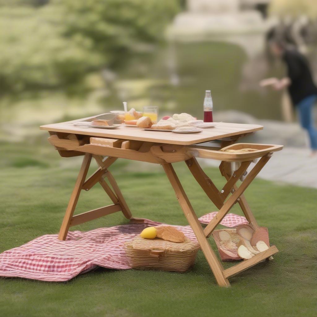 Bàn gỗ chân xếp được sử dụng ngoài trời cho buổi picnic