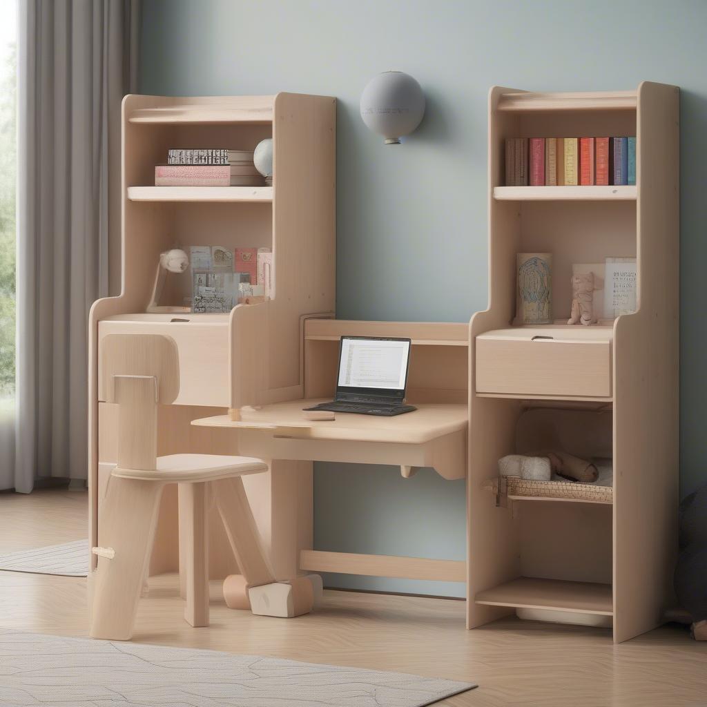 Bàn học kèm giá sách gỗ tự nhiên cho bé, thiết kế an toàn, kích thước phù hợp với lứa tuổi.