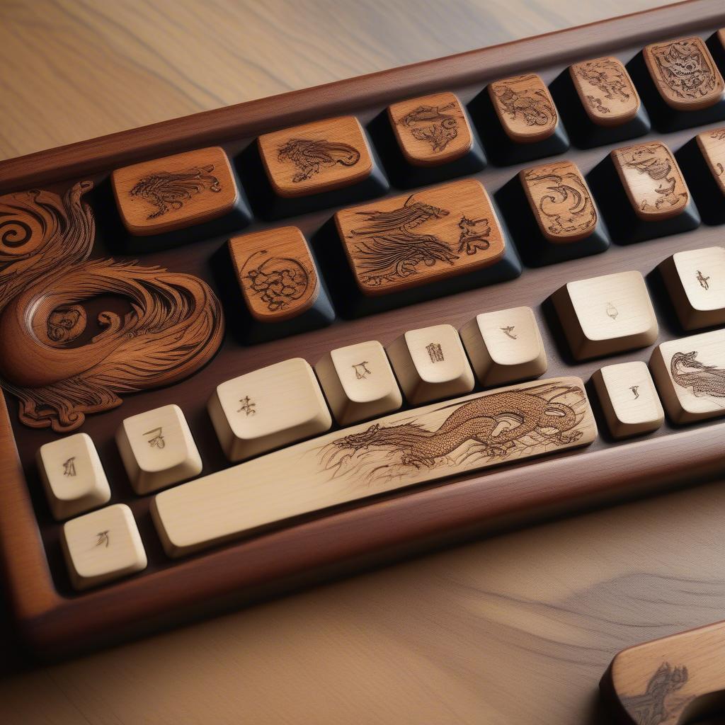 Bàn phím custom gỗ độc đáo với keycap artisan thủ công tinh xảo, khắc họa hình ảnh rồng phượng, thể hiện sự đẳng cấp và cá tính.