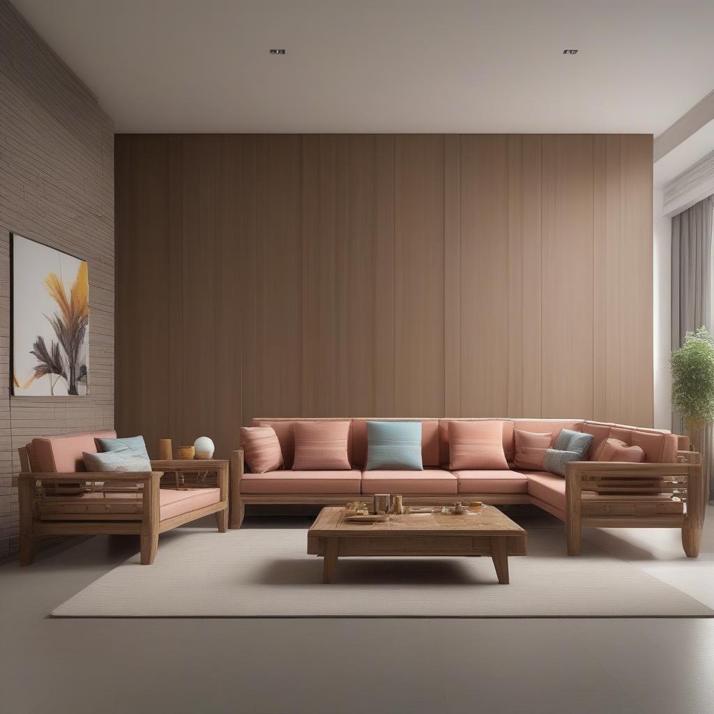 Bộ sofa gỗ đệm ghế màu sắc hài hòa