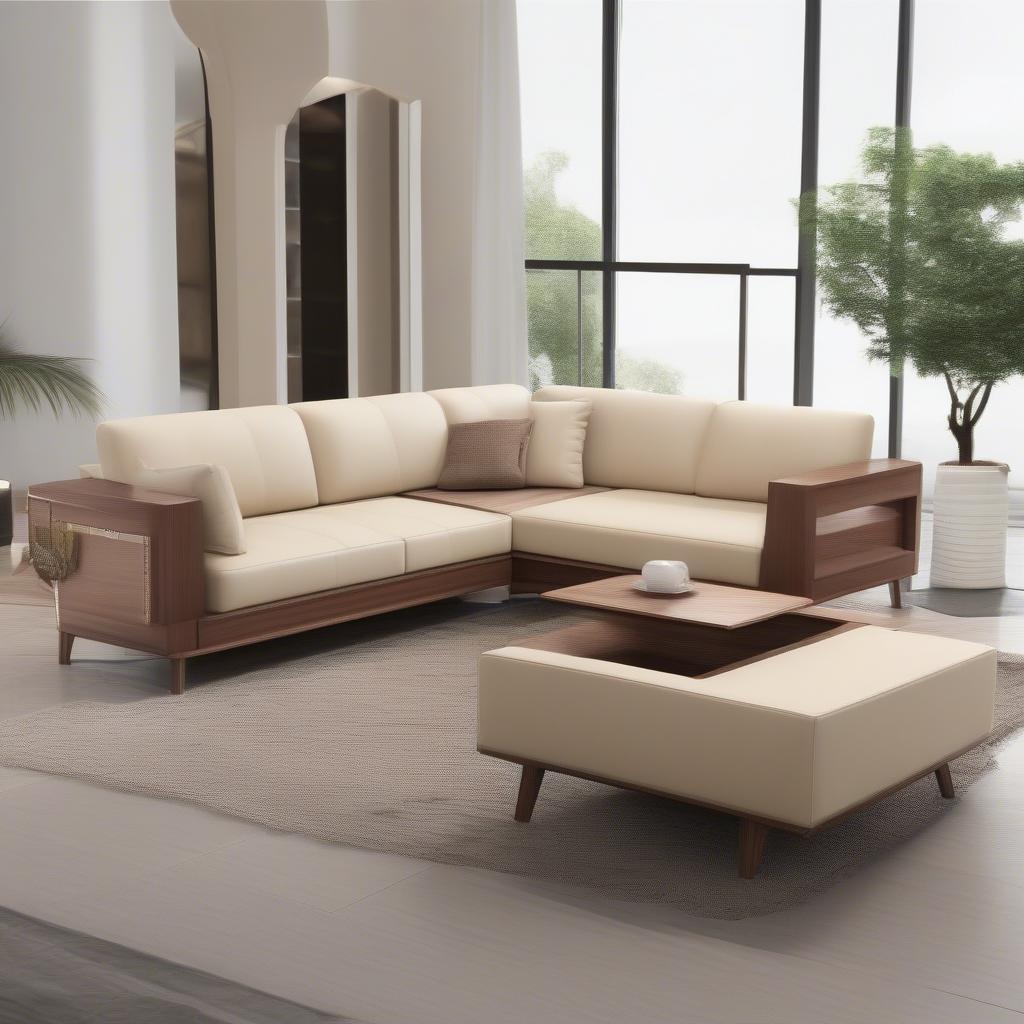 Bộ sofa gỗ L có nệm hiện đại, kiểu dáng sang trọng, chất liệu gỗ óc chó cao cấp, nệm bọc da thật màu be, phù hợp với phòng khách rộng rãi.