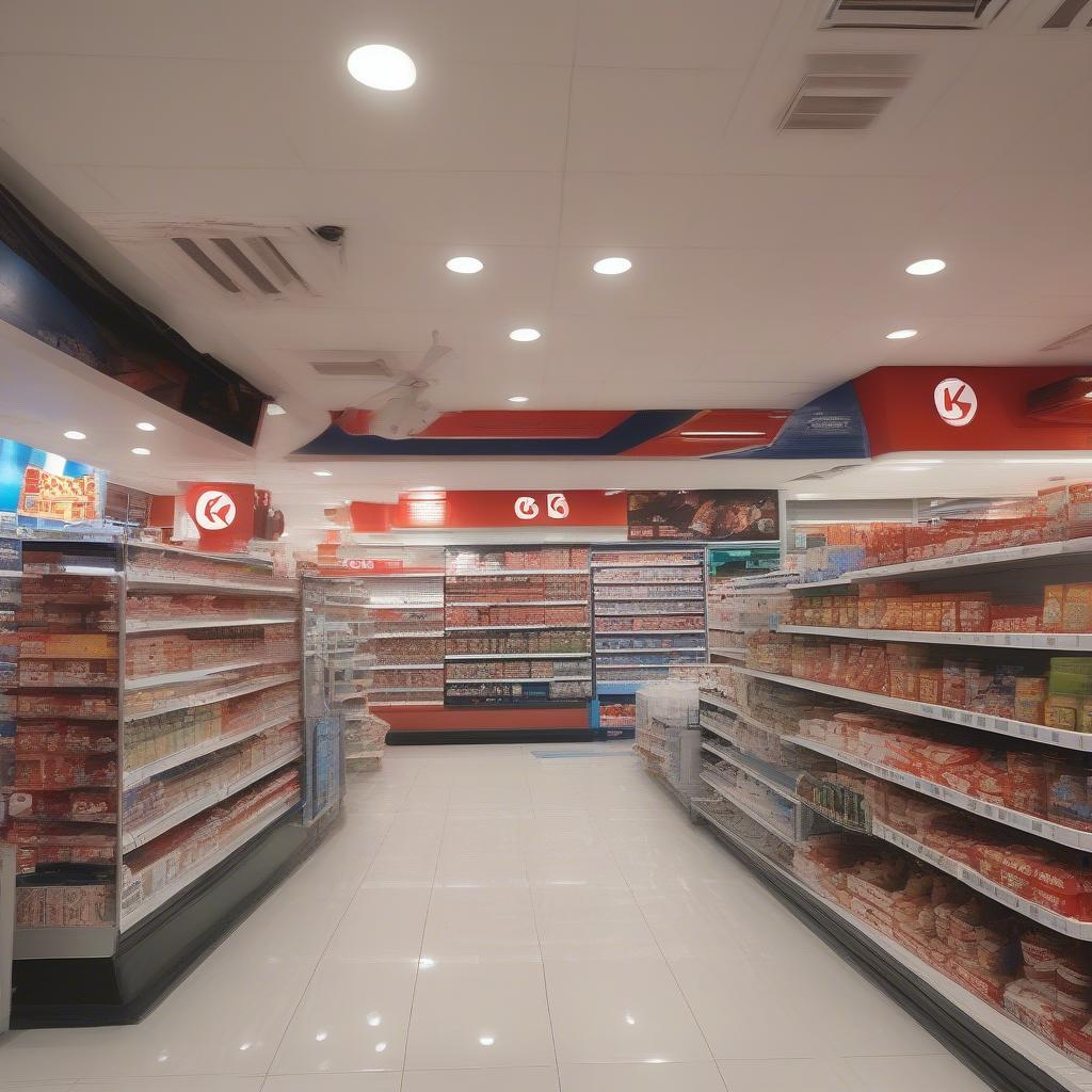 Không gian mua sắm bên trong Circle K Cầu Gỗ rộng rãi, thoáng mát, trưng bày đa dạng sản phẩm.