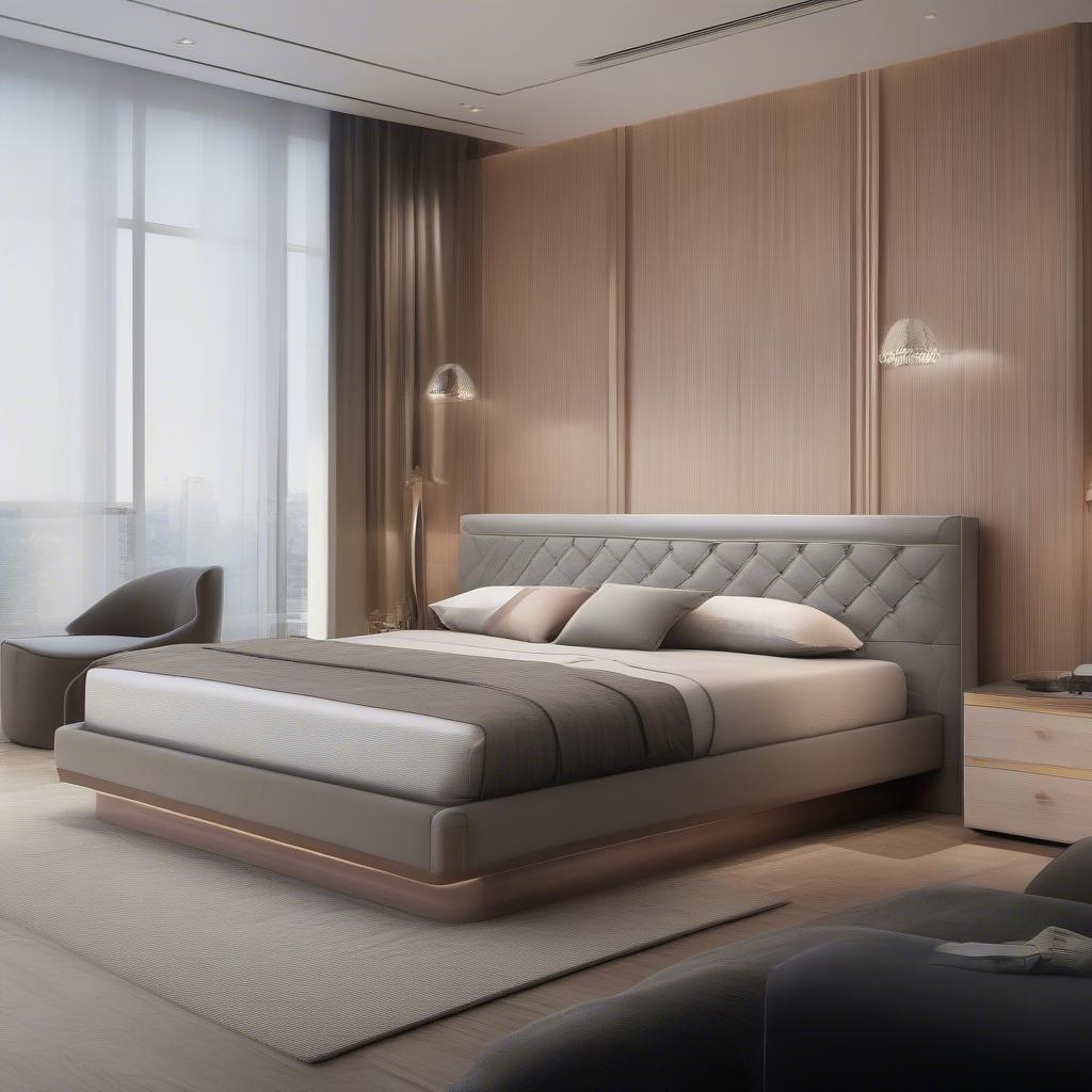 Giường gỗ 2m hiện đại với thiết kế sang trọng, đầu giường bọc nỉ cao cấp và tab đầu giường tiện lợi.