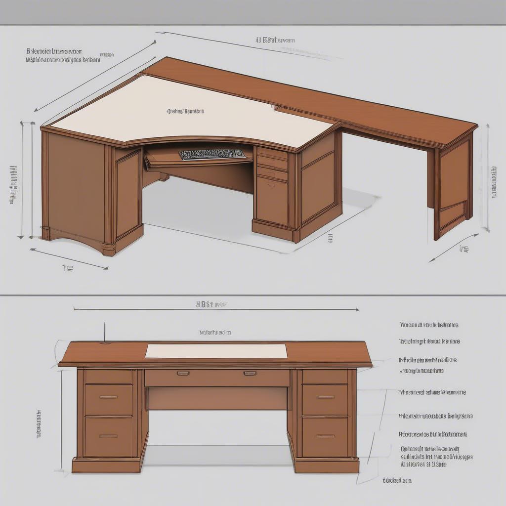 Hình ảnh minh họa kích thước tiêu chuẩn của bàn trưởng phòng gỗ, bao gồm chiều dài, chiều rộng và chiều cao, giúp người xem dễ dàng hình dung và lựa chọn kích thước phù hợp.