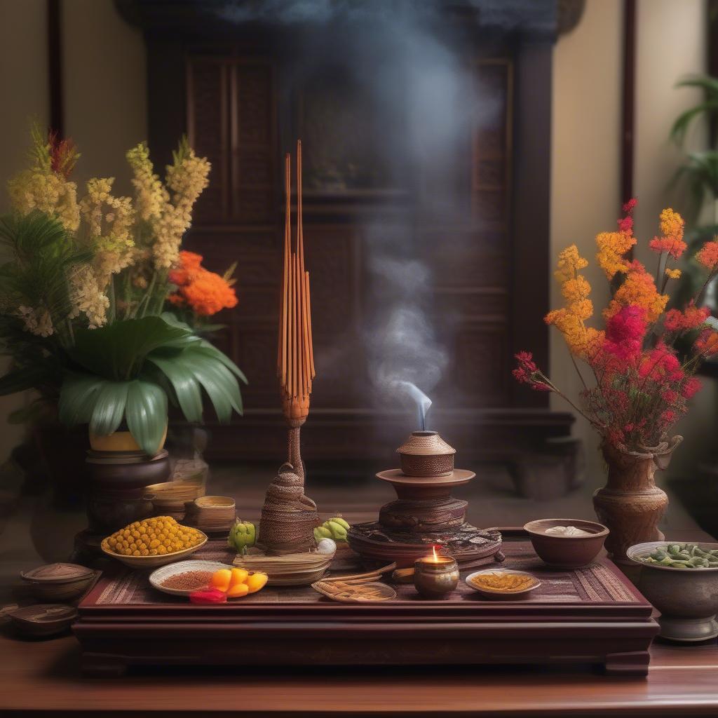 Ống đựng nhang gỗ trong không gian thờ cúng