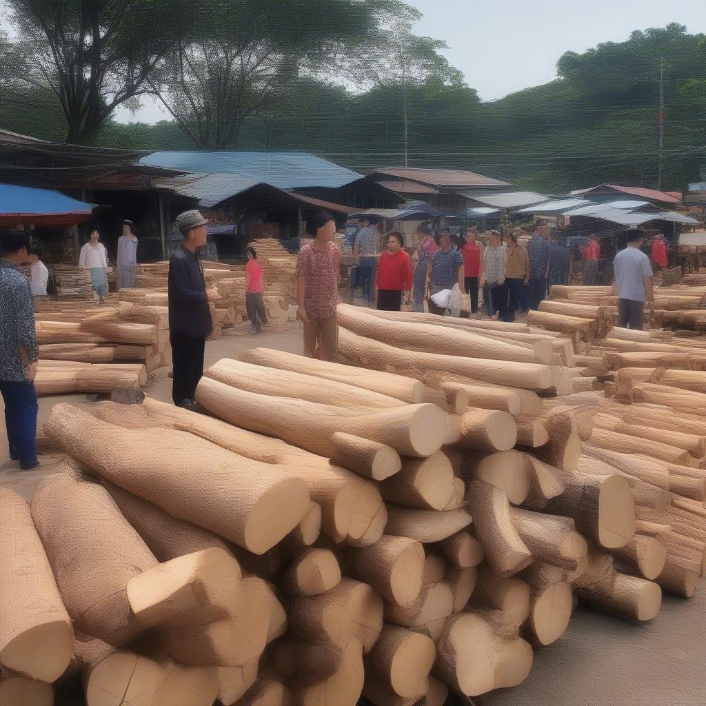 Hình ảnh minh họa thị trường gỗ sưa với nhiều người mua bán, trao đổi gỗ sưa. Có thể thấy các khối gỗ sưa được trưng bày, kiểm tra chất lượng. 