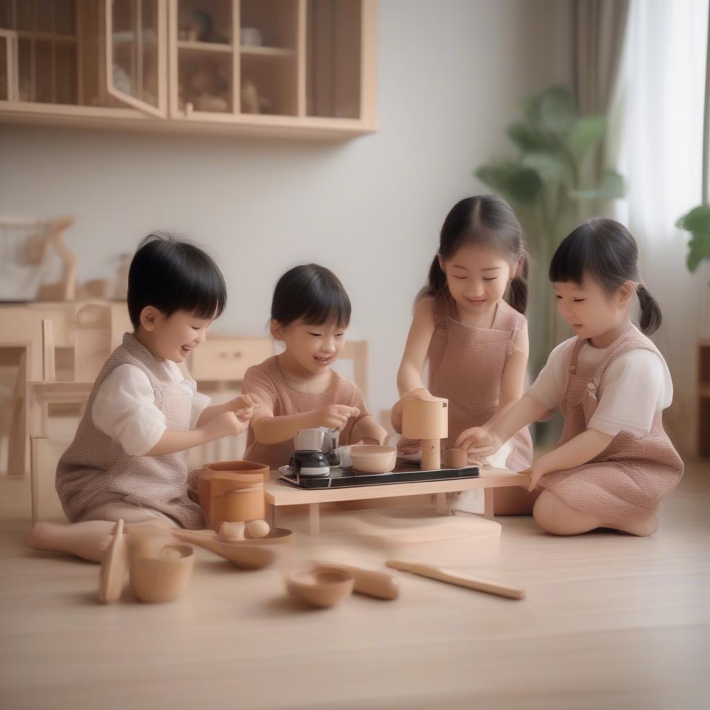 Children Playing with Japanese Wooden Play Kitchen Set