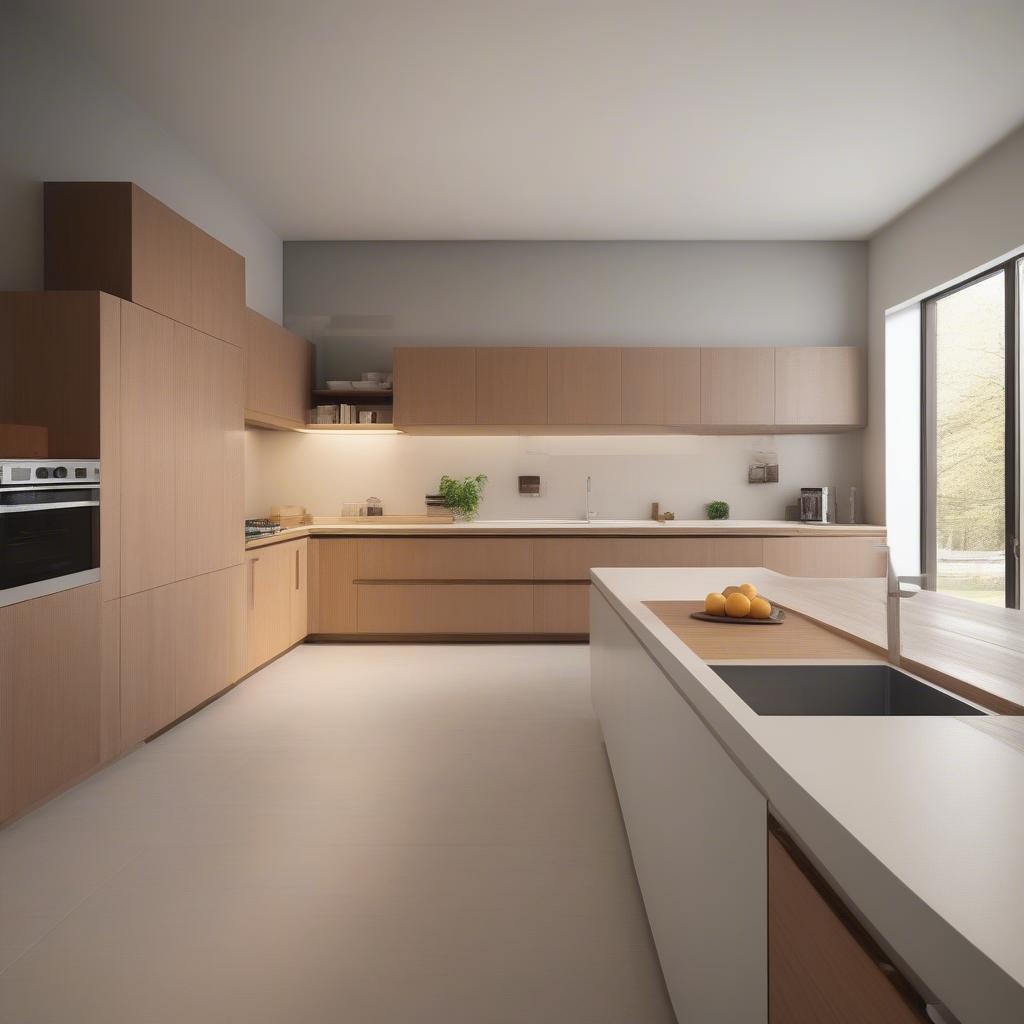 Tủ bếp gỗ veneer hiện đại với thiết kế sang trọng và tiện nghi.