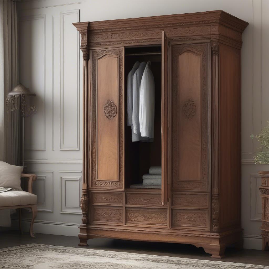 Tủ quần áo gỗ tự nhiên cổ điển với đường nét chạm khắc tinh xảo, phù hợp với không gian phòng ngủ cổ điển, sang trọng.